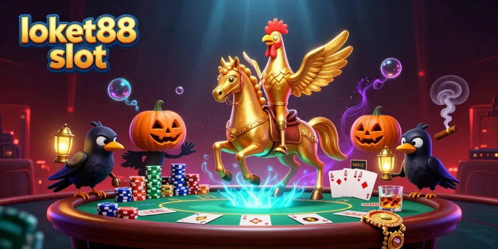 Experience the excitement of loket88 slot with a golden rooster and casino elements in a dynamic 3D scene.