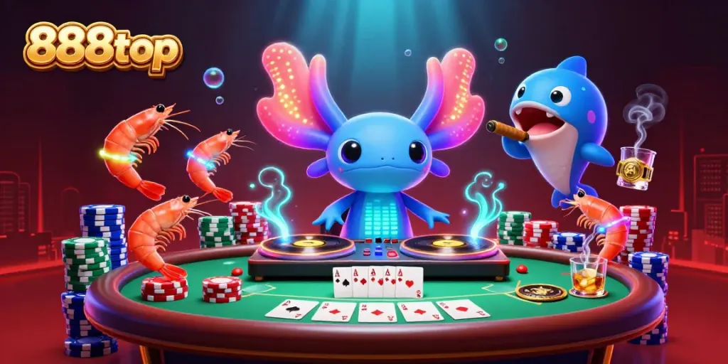 Experience dynamic gameplay with 888top's vibrant underwater casino scene, featuring animated axolotl DJ and poker chips.