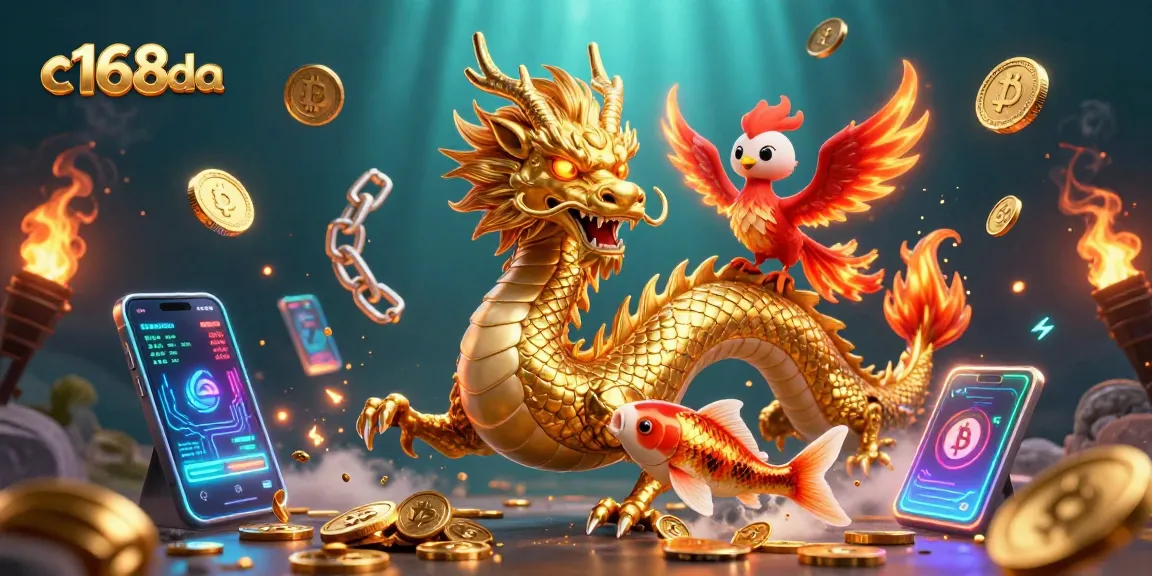 Experience thrilling wins at c168da with a golden dragon, phoenix, and koi fish in a rich casino scene.