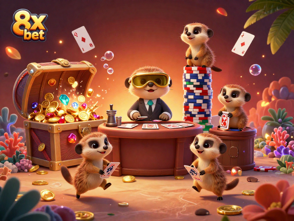 Experience the excitement of 8x bet with meerkats managing a vibrant casino environment filled with gems and gold.