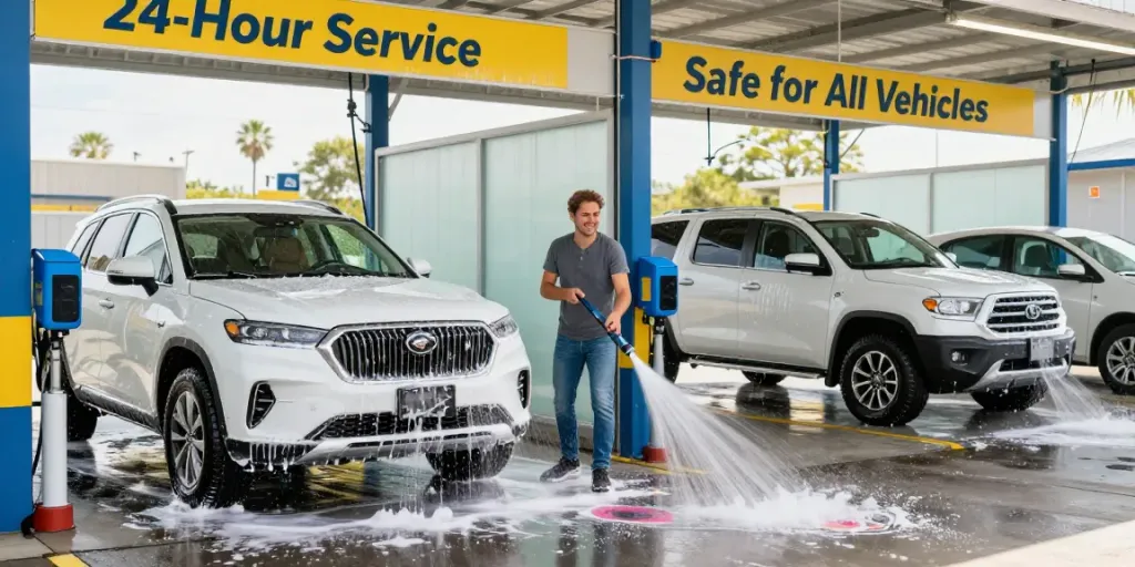 Touchless car wash near me Fort Worth, showcasing vehicles in a modern wash bay with advanced technology.