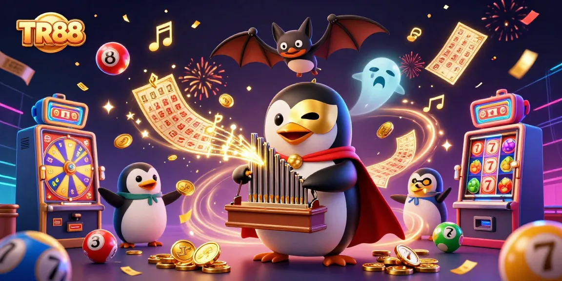 Engage with TR88 in a vibrant casino scene with a playful penguin and dynamic gaming elements.