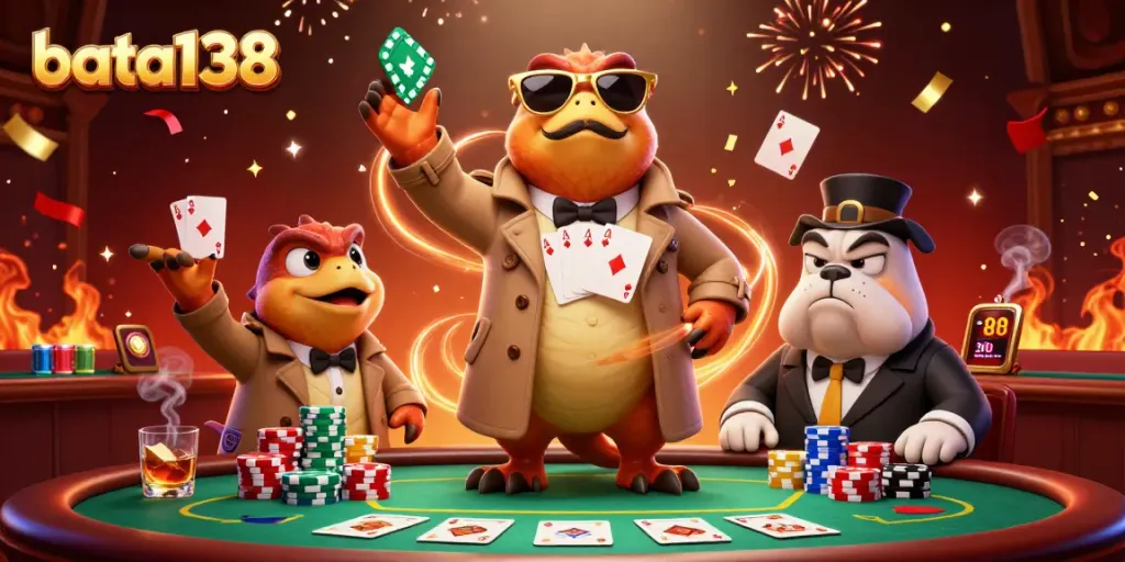 Three cartoon raptors in a trench coat entering a VIP casino lounge showcasing bata138 gaming excitement.