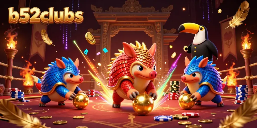 B52clubs showcases animated pangolins in a dynamic casino showdown, bowling through poker chips.