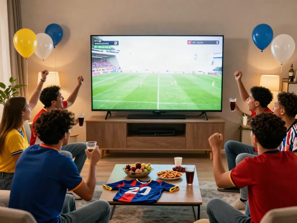 Football fans enjoying live streaming on xoilactvlive.net, cheering in a vibrant living room.