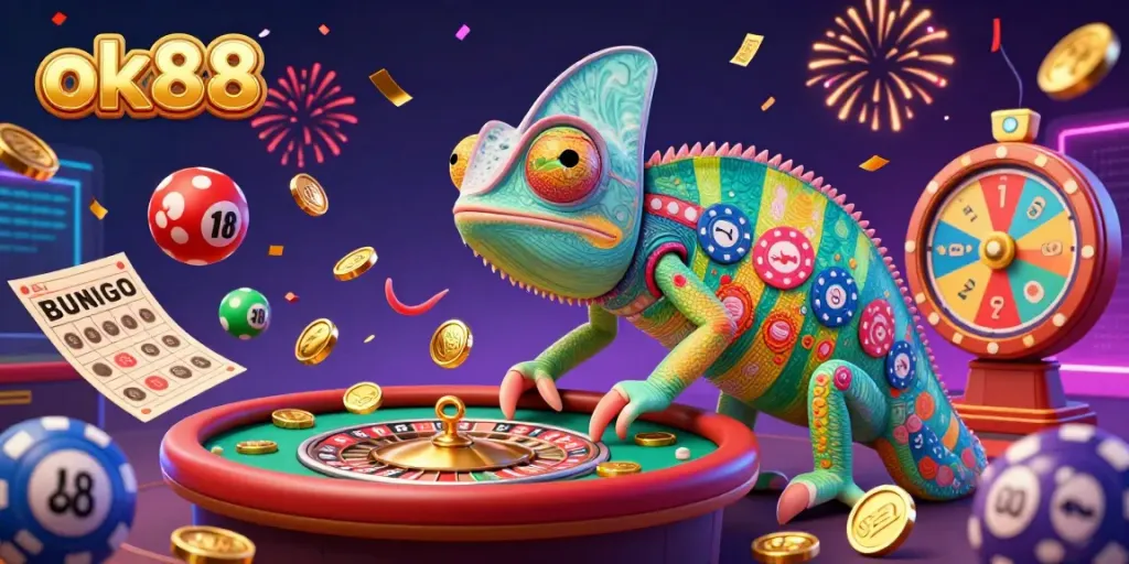 Experience the vibrant thrill of gaming at ok88 with a colorful casino scene featuring a chameleon owner.