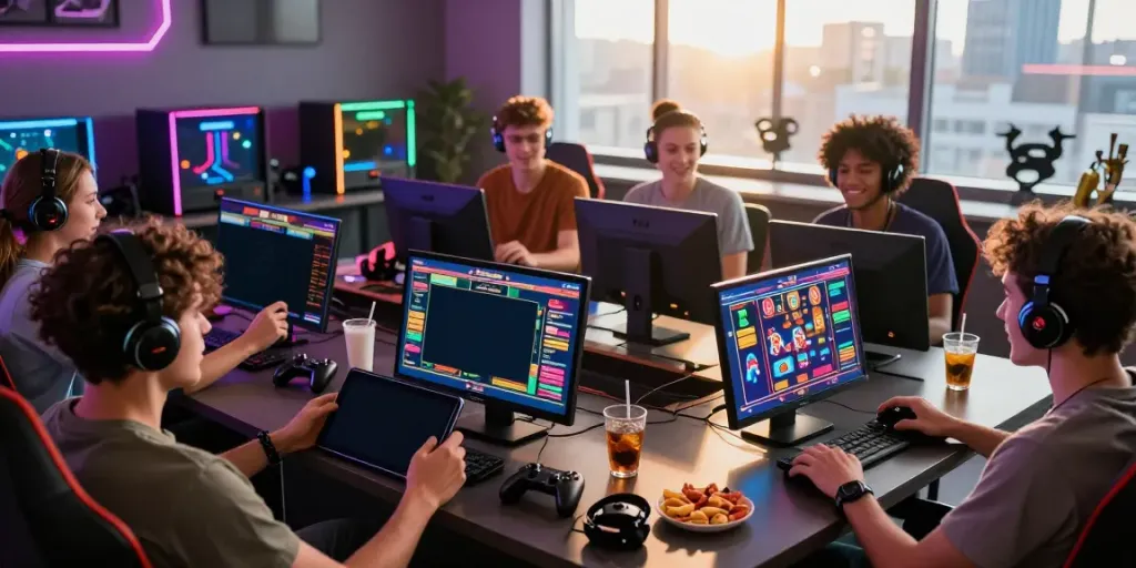 Diverse group enjoying judi slot online game, modern gaming room with vibrant atmosphere.