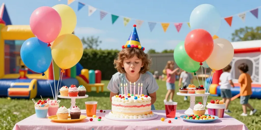 Colorful party packages for kids birthdays with joyful children celebrating, balloons, and cake.
