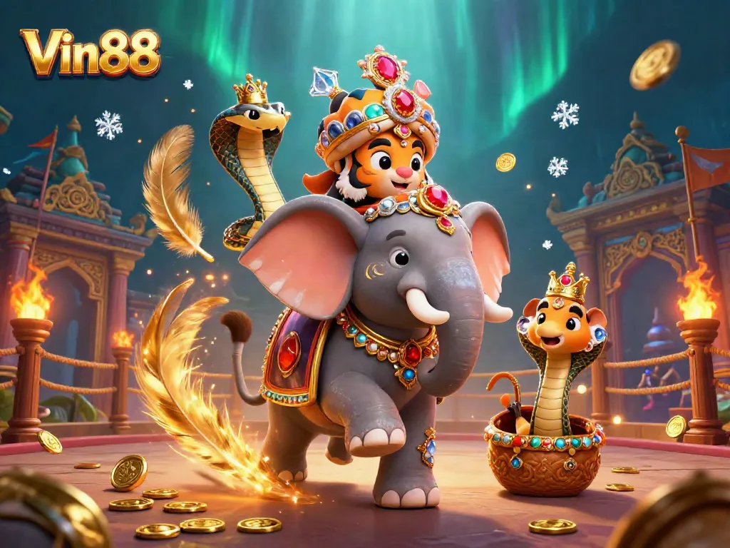 Engage with the thrilling world of Vin88, featuring a vibrant scene of a maharaja tiger, elephant, and cobra in a dynamic casino environment.