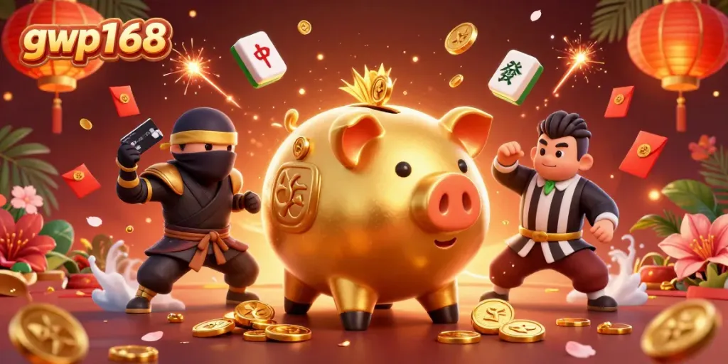 Menyaksikan aksi gwp168 dengan bank piggy emas raksasa dan kartu ninja uang di kasino