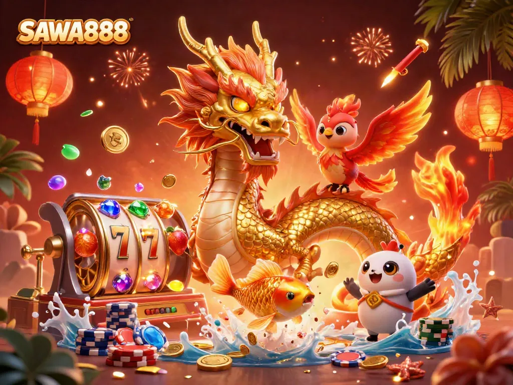 Experience the thrill of winning with SAWA888 as you play beside a mighty dragon in a vibrant casino.
