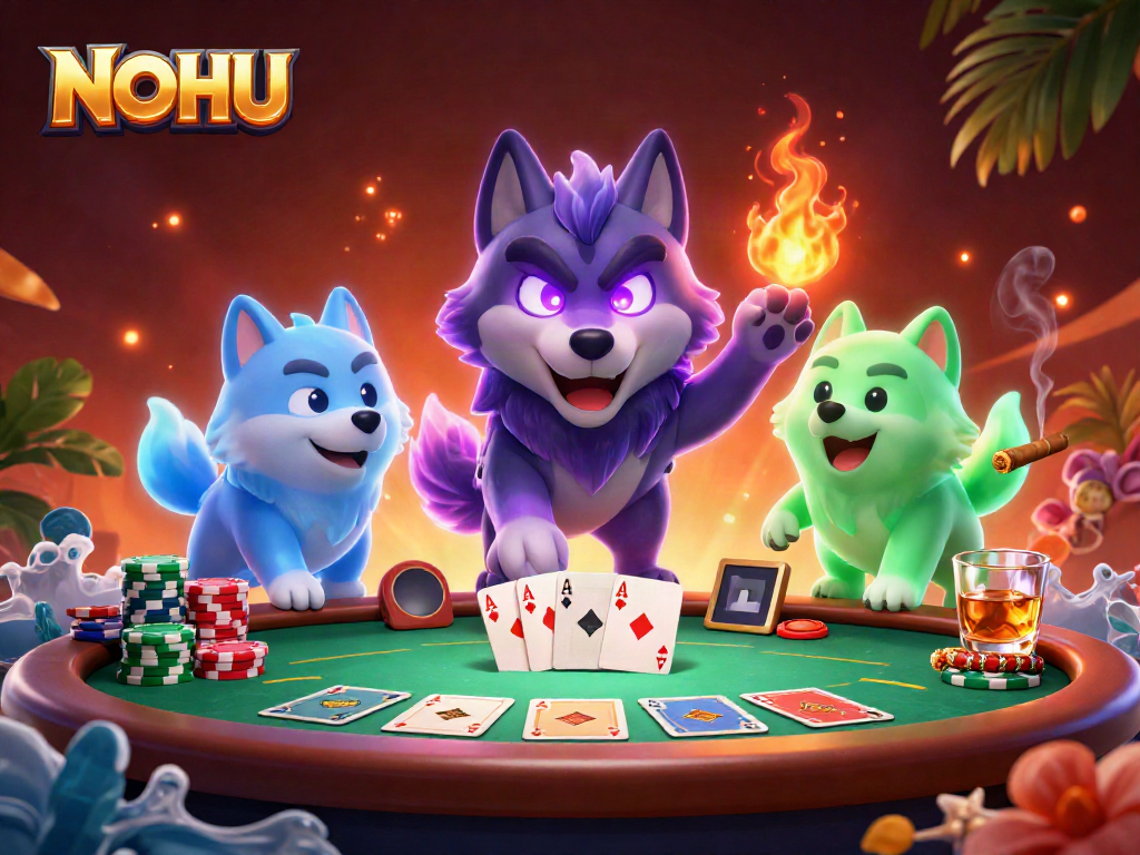 Engage in thrilling poker dynamics with NOHU's animated wolf characters amidst vibrant gaming elements.