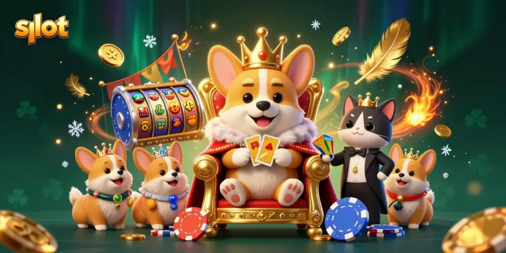 Spin colorful slot reels with charming corgis in a vibrant casino setting featuring rich details.
