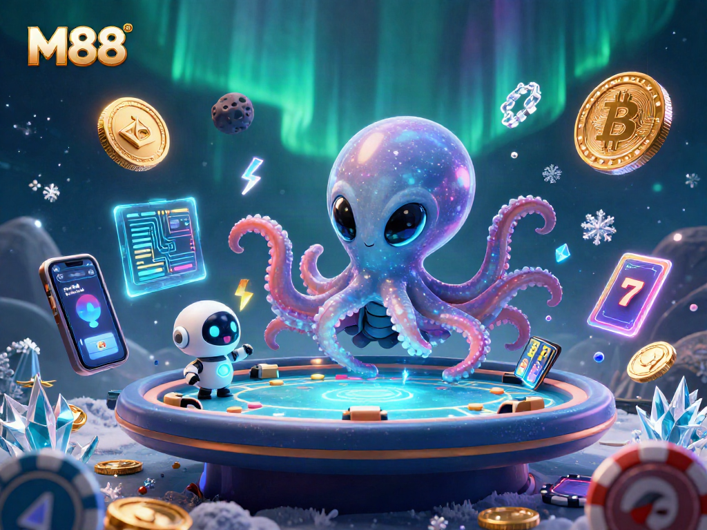 Discover M88's vibrant casino scene with an alien octopus navigating a holographic poker table.