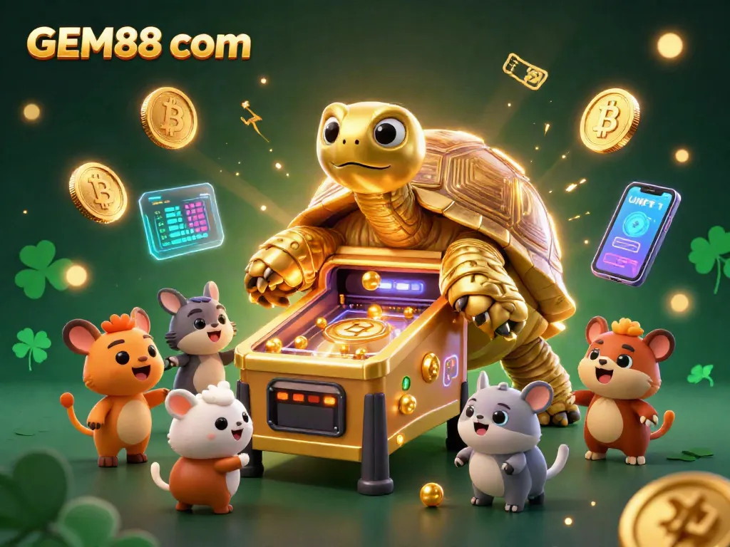 Explore GEM88 com's exciting world of gaming with this vibrant illustration showcasing a golden tortoise and lively casino themes.