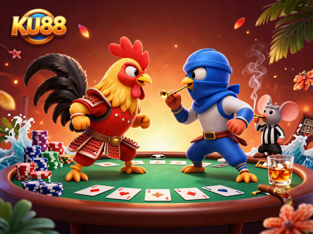 KU88 showcases an intense poker duel with fighting roosters, vibrant casino elements, and thrilling atmosphere.