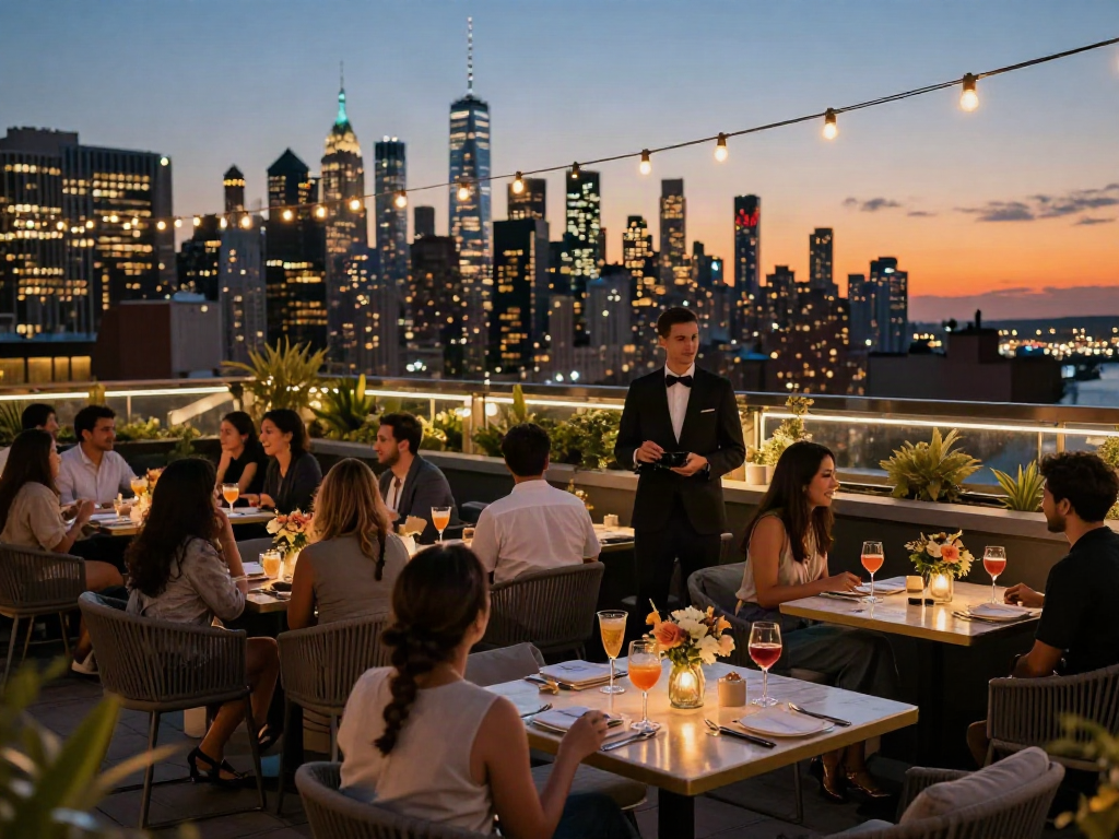 NoHu rooftop bar guests enjoying cocktails with NYC skyline view during twilight.