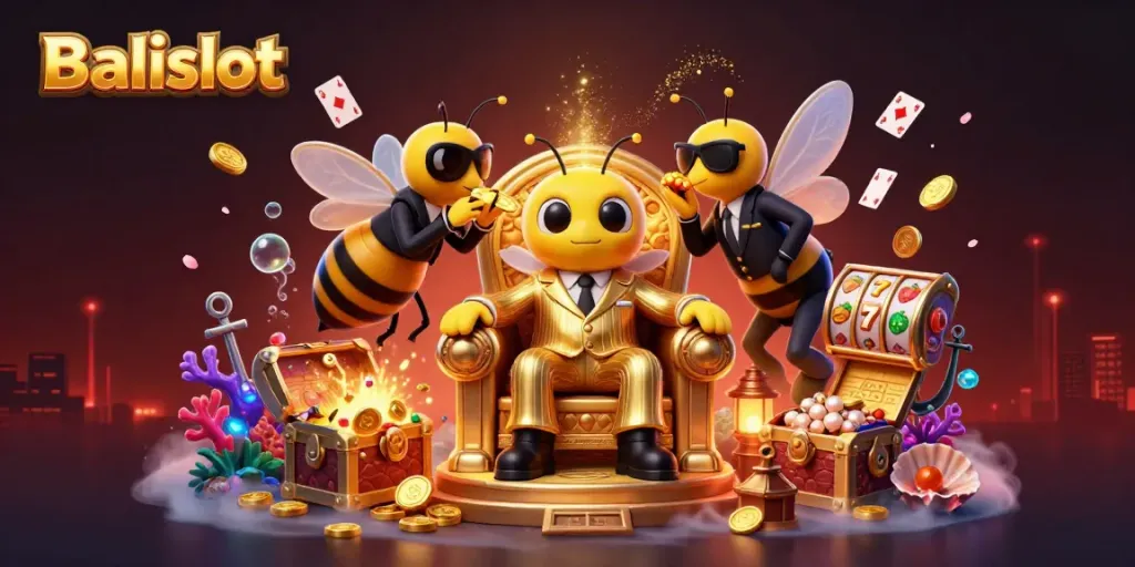 Balislot's vibrant illustration of a casino scene with a bumblebee mob boss, conveying excitement.