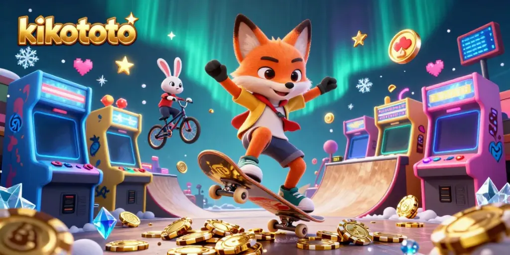 Engage with kikototo through a lively 3D scene showcasing gaming and casino elements.