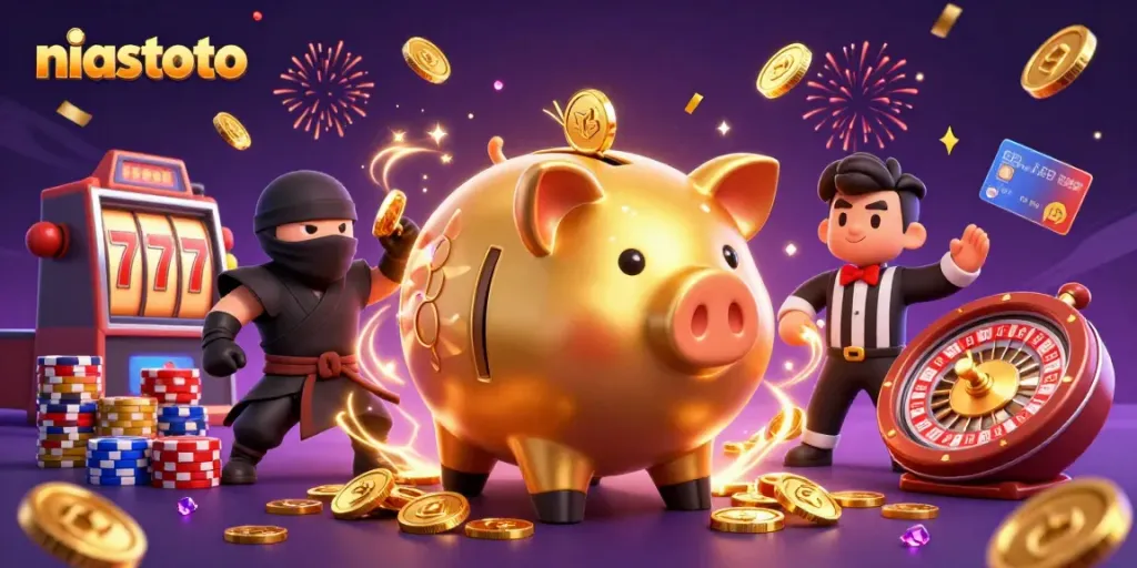 Experience niastoto's thrilling slots with cartoon piggy bank wrestler and vibrant casino elements.