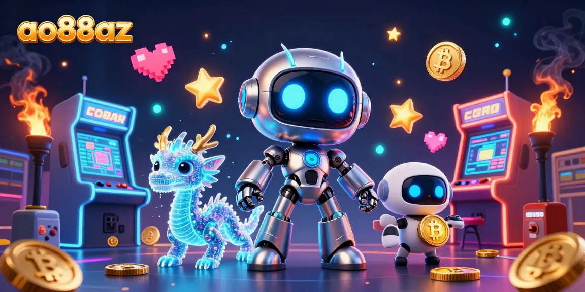 Experience excitement at ao88az with a vibrant scene featuring a cyberpunk robot, a holographic AI dragon, and a drone carrying a bitcoin.
