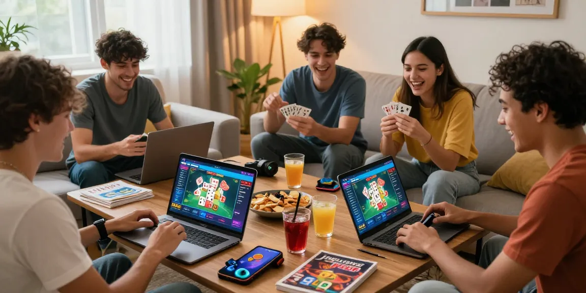 Friends enjoying gaming on JuraganQQ, featuring laptops and smartphones in a vibrant living room.