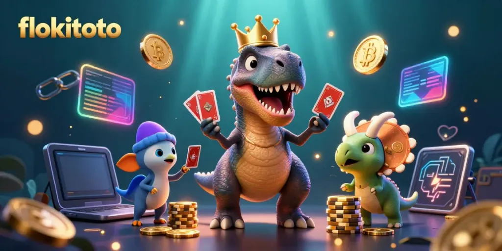 Engage with flokitoto's exciting gaming scene with colorful characters, chips, and crypto elements in action.