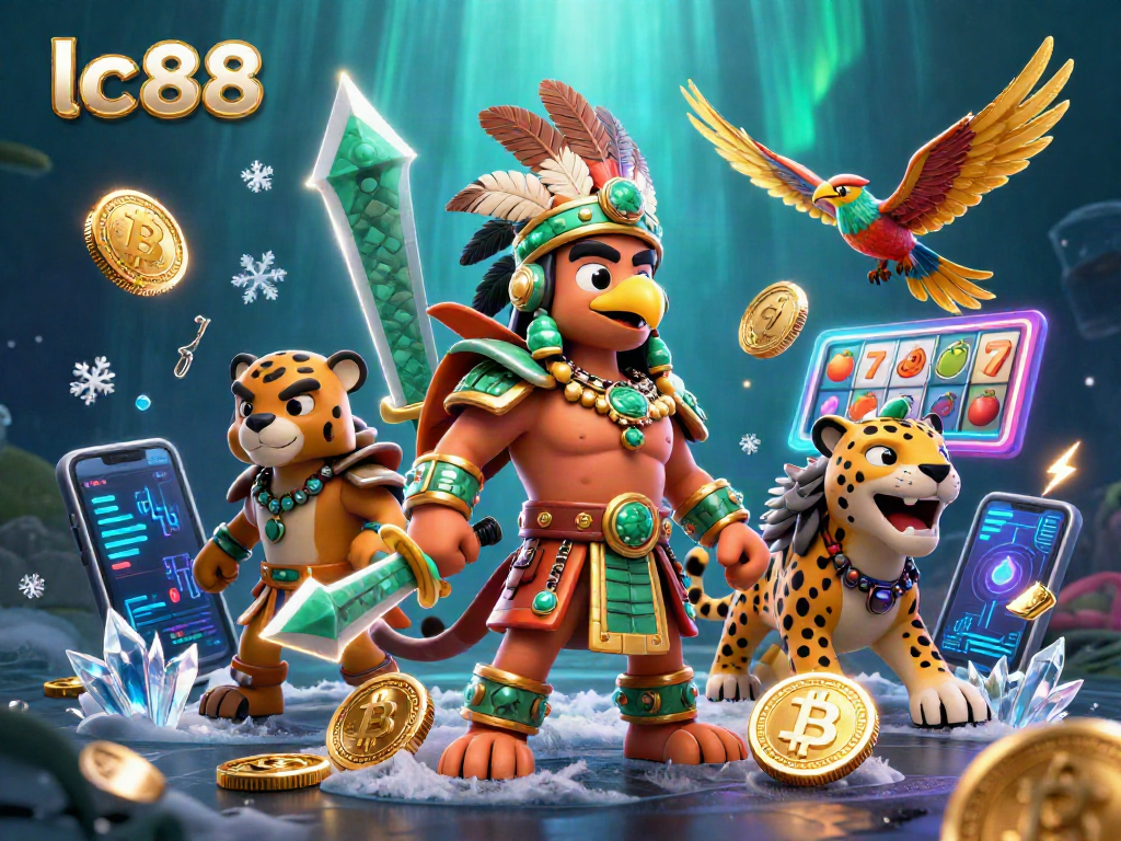 Play slots at lc88 with Aztec warriors and crypto elements in a vibrant underwater scene.