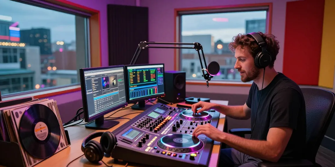 Engaging internet radio stations broadcast setup with DJ mixing tracks in a vibrant studio.