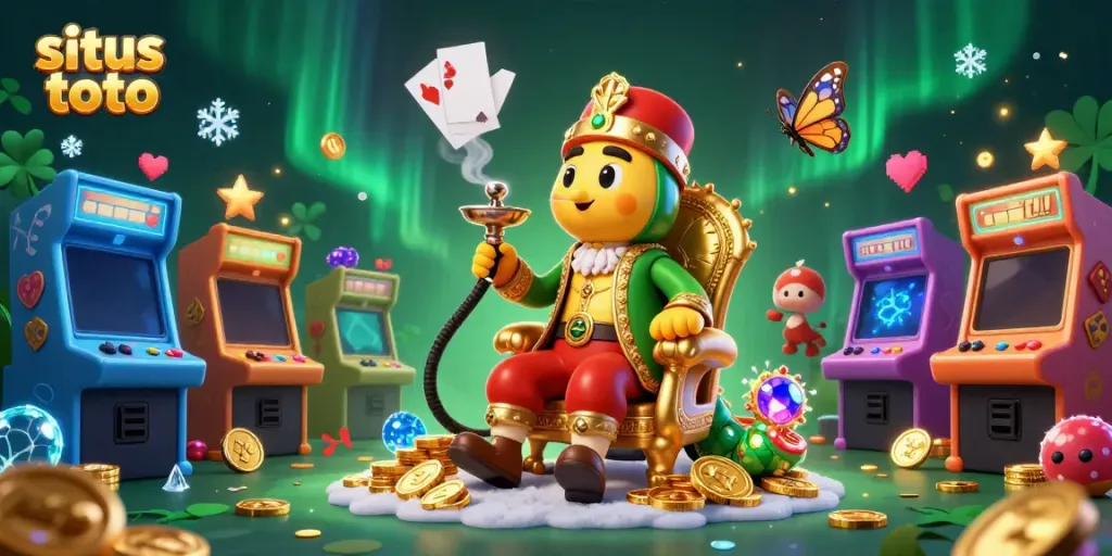 Engage with situs toto in a vibrant, dynamic 3D casino illustration showcasing gaming excitement and colorful elements.