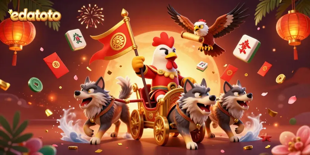 Experience the thrill of edatoto with a 3D scene featuring a rooster warlord and immersive casino elements.