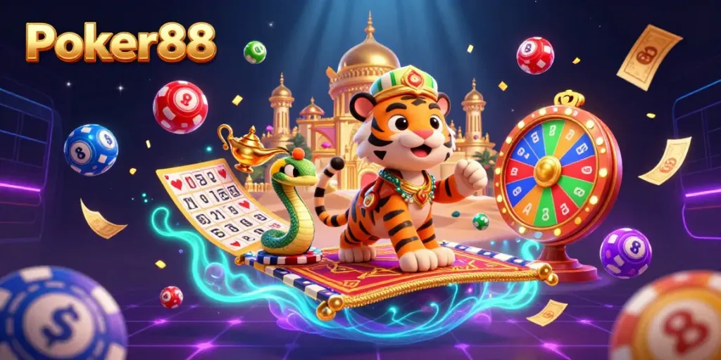 Experience excitement at Poker88 with a colorful, energetic 3D scene featuring a tiger sultan and gaming elements.