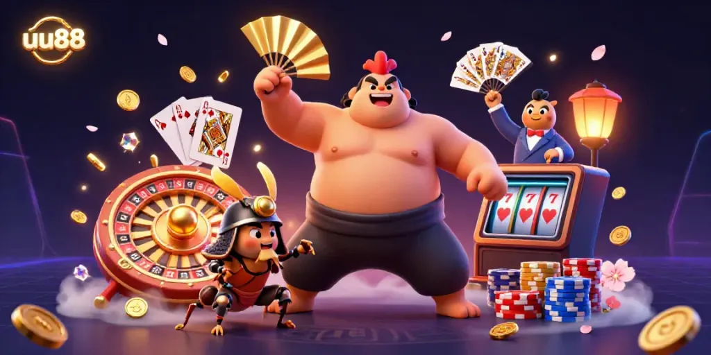 Unleash excitement at uu88 with sumo wrestler rooster and samurai cricket in a vibrant casino scene.