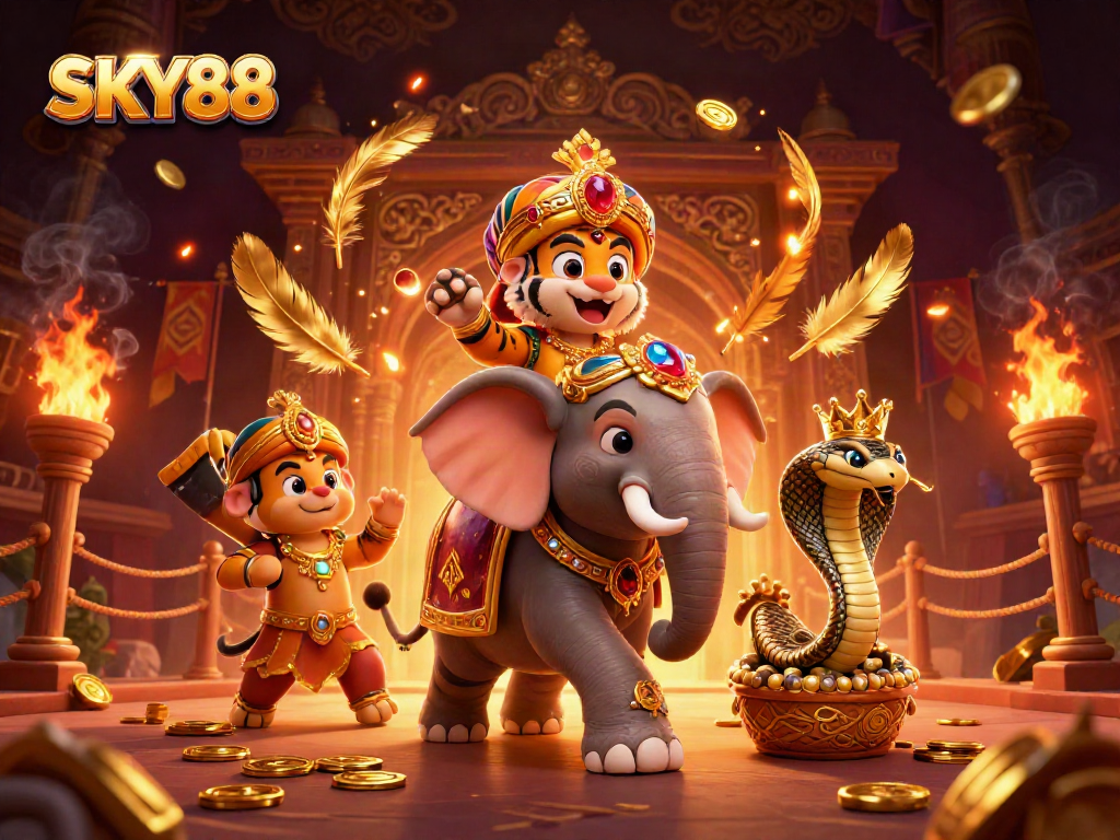 Engage with SKY88's vibrant casino scene featuring a maharaja tiger, jewel elephant, and more.