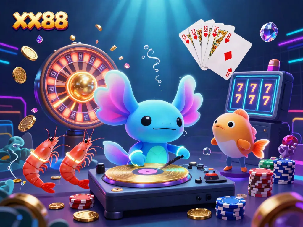 Experience the vibrant world of XX88 with a neon axolotl DJ, spinning and celebrating casino wins.