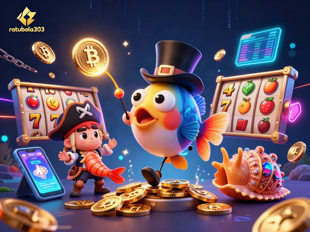 Menangkan jackpot di ratubola303 dengan ilustrasi slot dan karakter memikat di dasar laut.