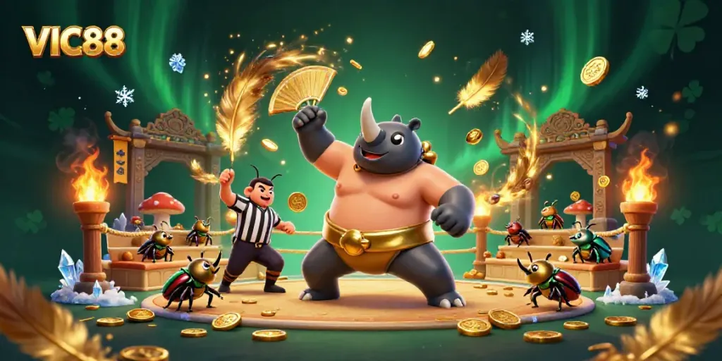 Experience thrilling moments with VIC88 as a rhinoceros beetle sumo champion stomps coins in a vibrant 3D illustration.