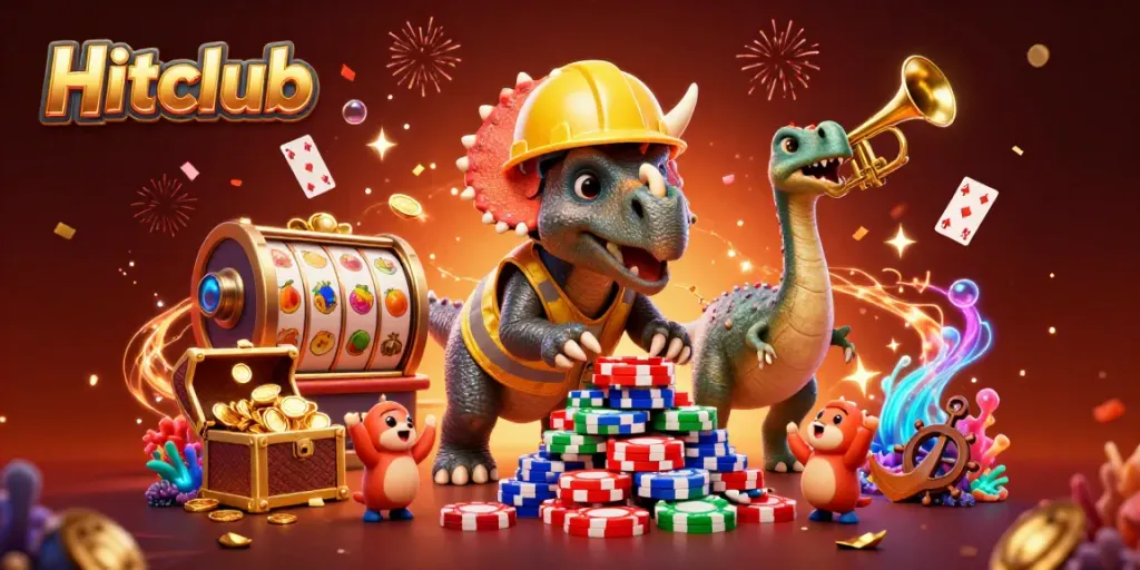 Hitclub players enjoy an exciting casino experience with a lively illustration featuring poker chips and celebration effects.