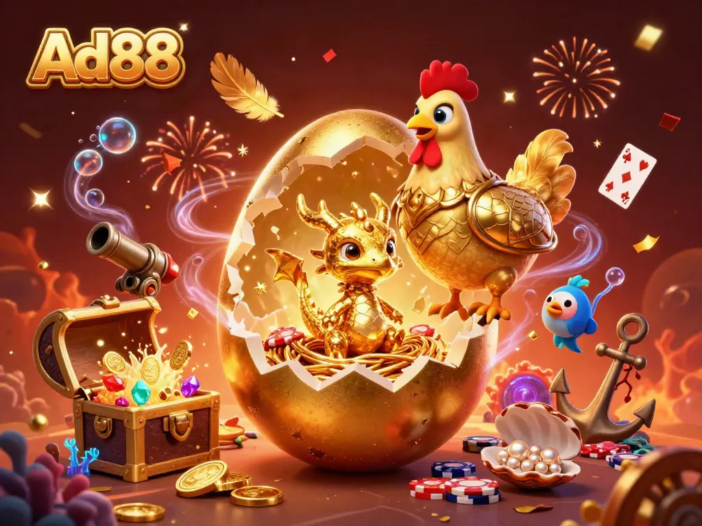 Engage with Ad88's thrilling casino adventure featuring a golden dragon atop poker chips.
