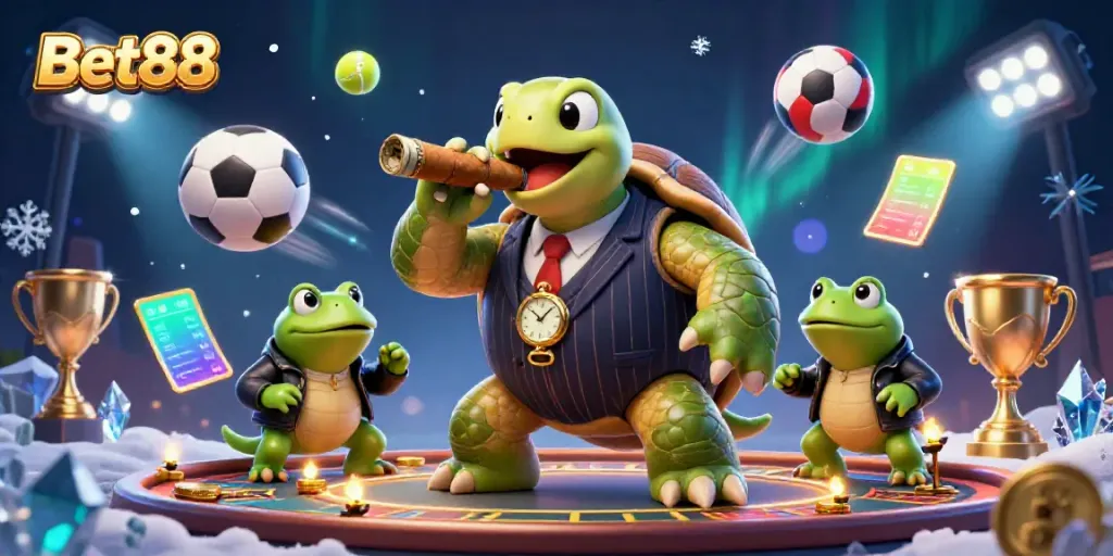 Bet88 showcases a vibrant casino scene with a turtle in a pinstripe suit and bullfrog enforcers amid sports elements.