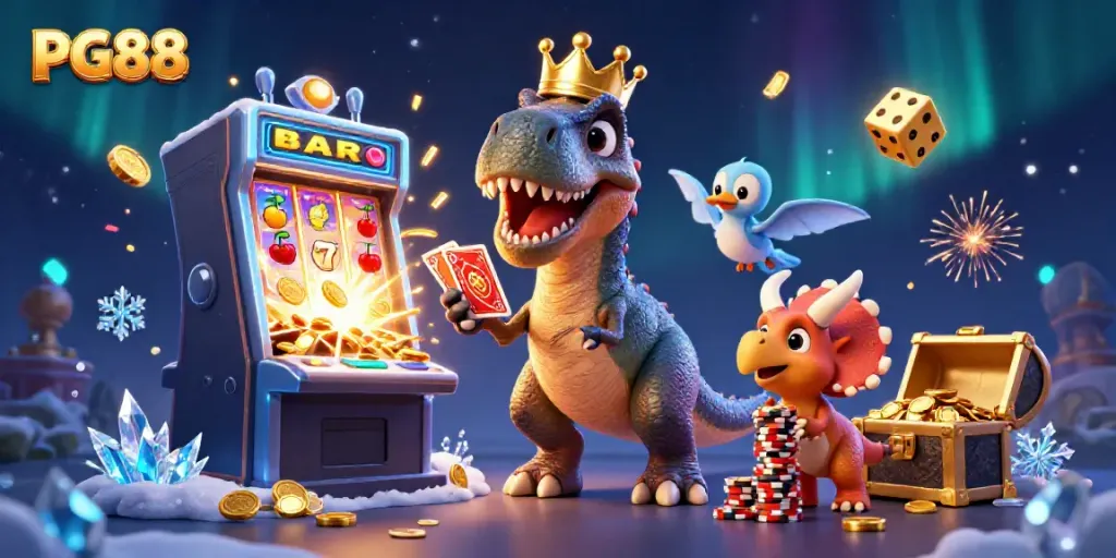 Engaging PG88 casino scene featuring a T-Rex and cartoon characters celebrating a jackpot explosion!