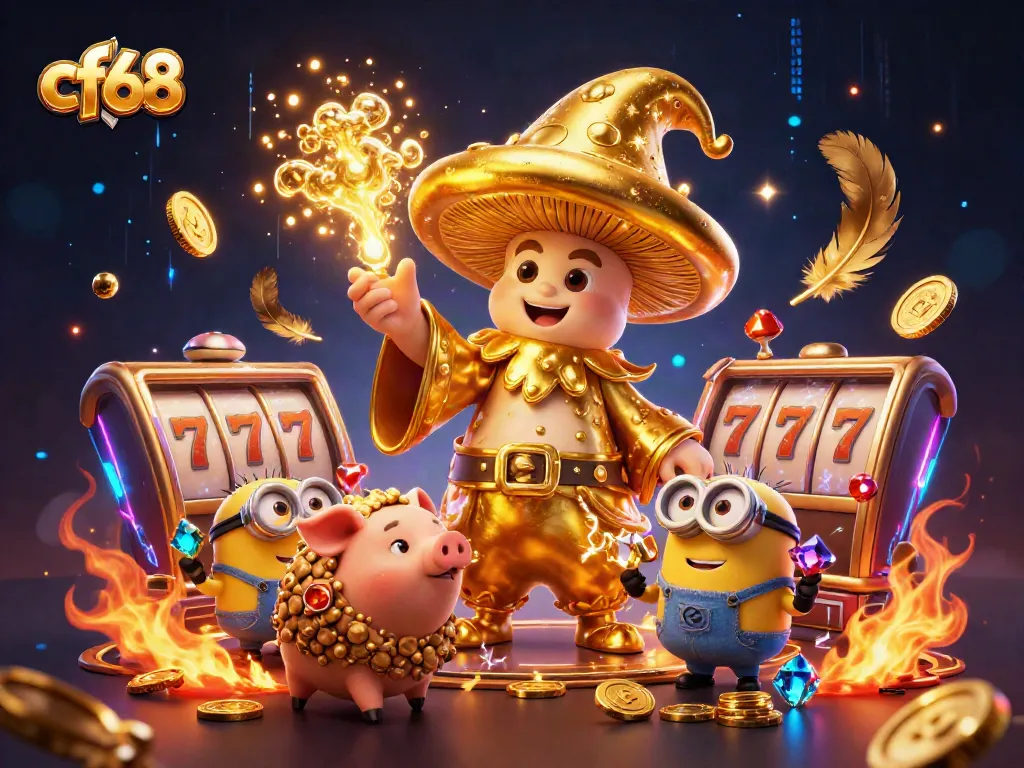 Engage in thrilling slots action at cf68 with a vibrant scene of a wizard, treasure, and gold coins.