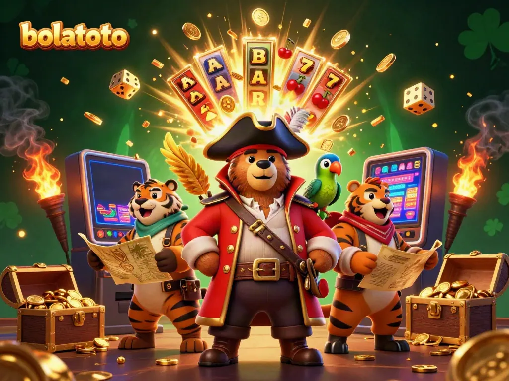 Engage with bolatoto's vibrant casino atmosphere featuring a pirate captain bear, a tiger, and a treasure theme