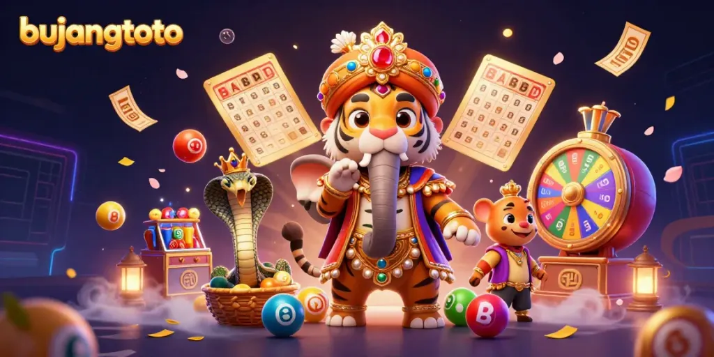 Engage with bujangtoto as the Indian maharaja tiger and friends celebrate with vibrant lottery elements.