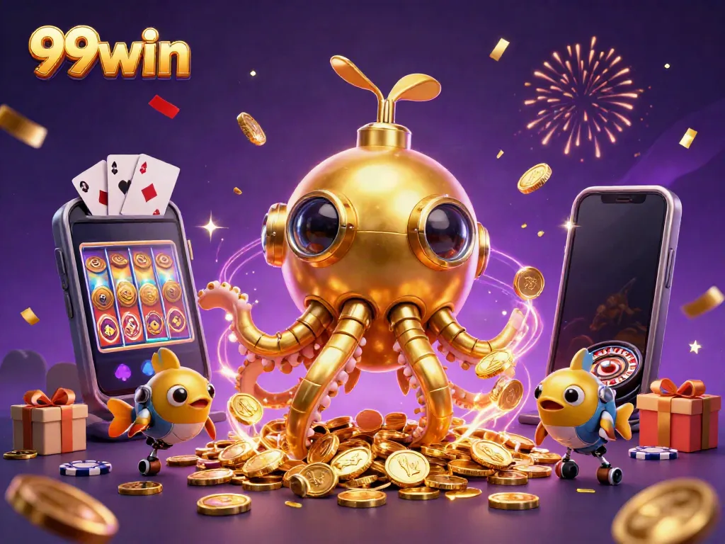 Experience the thrill of 99win as a golden kraken submarine emerges through golden coins, showcasing the excitement of online gaming.