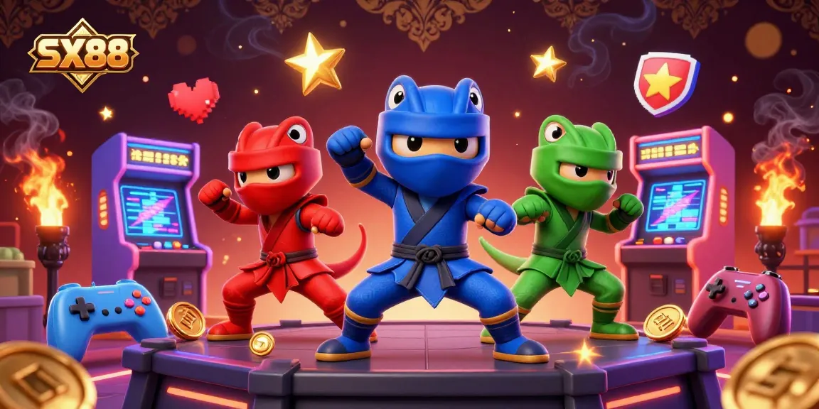 SX88 ninja chameleons showcasing gambling excitement with colorful game elements and vibrant casino imagery.