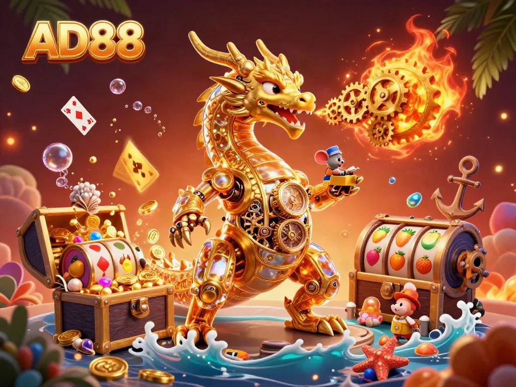 Experience thrilling gaming at AD88 with a cartoon dragon amidst underwater treasures and slot reels.