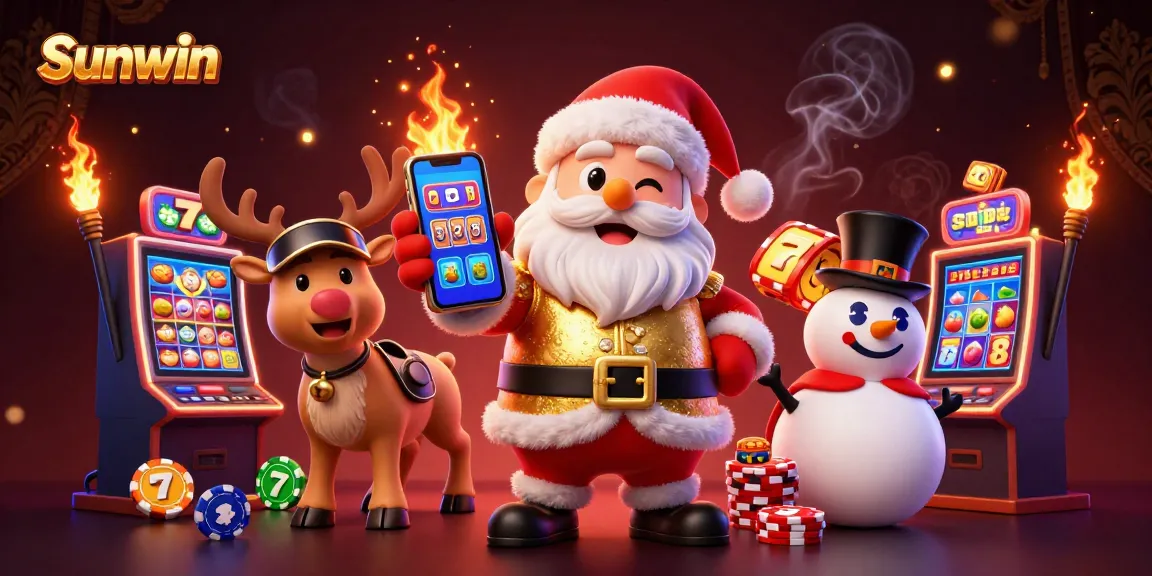 Spin the reels with Sunwin's festive characters in a vibrant casino setting.