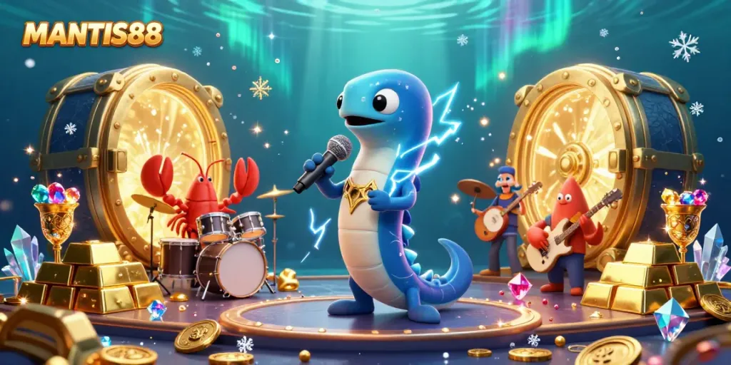 MANTIS88 brings an electrifying underwater casino scene with an animated electric eel DJ, lobster drummer, and seahorse guitarist.