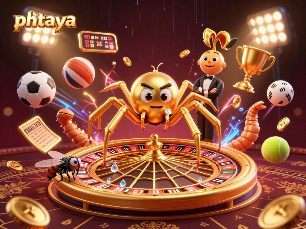Phtaya brings excitement as a cartoon spider spins a roulette web with a betting fly in a vibrant casino scene.